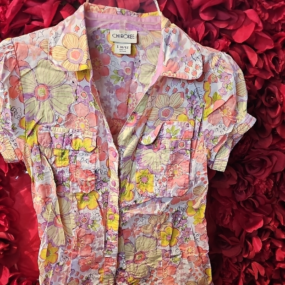 Cherokee Girl's Floral Top - Pink and Yellow Button Up Size Large 10/12